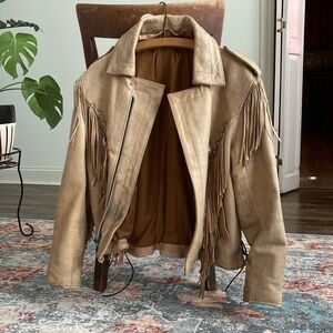 Vintage Heavy Fringe Leather Jacket Tan